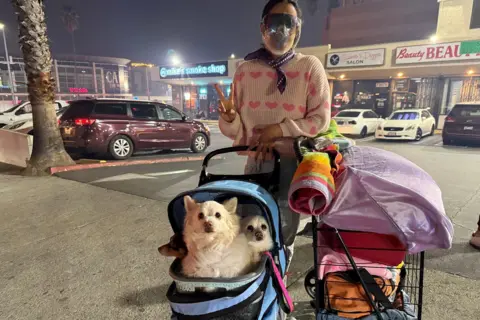 Hollywood resident Anna Waldman stands in a parking lot after wildfires forced her from her home. She has a belongings cart and a buggy in which her three little white dogs sit. She wears glasses and a face mask and makes a peace sign for the camera. 