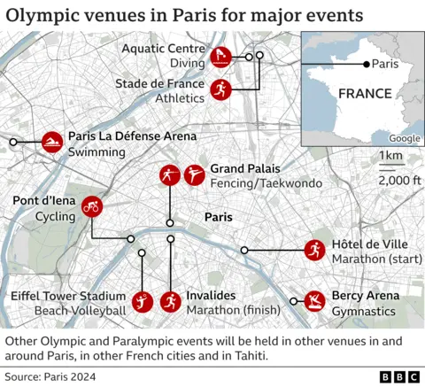 A map showing the different venues of Paris 2024 Olympic Games. This includes the Grand Palais, Eiffel Tower Stadium, Pont d'lena, Invalides, Bercy Arena, Hotel de Ville, Paris La Defense Arena, Stade de France and Aquatic Centre