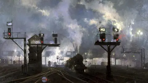 David Shepherd Wildlife Foundation An image of David Shepherd CBE’s iconic painting Service by Night, which has been voted the third most popular railway artwork in the UK. A number of train lines can be seen going into a station blurred by smoke.