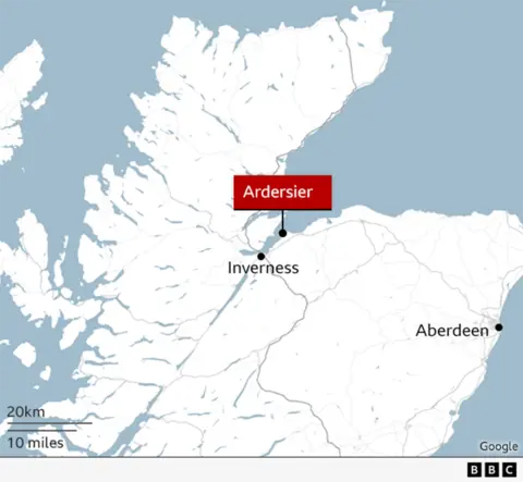A map of the north of Scotland showing the locations of Ardersier, Inverness and Aberdeen.