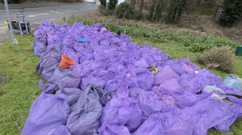 Clean Our Patch More than 200 bags were filled with rubbish during the litter picking event. Purple bin bags have been collected on an area of grass in the Plymstock area. 