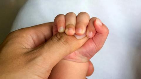 A mother holding a newborn baby's hand
