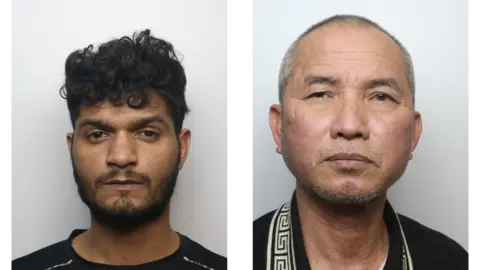 A police mugshot of Sheraz Ahmed, who has black hair and black facial hair, and Hung Nguyen, who has shaved grey hair and grey stubble.