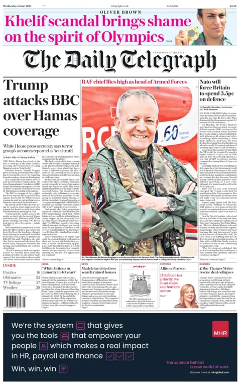 The headline on the front page of The Daily Telegraph reads "Trump attacks BBC over Hamas coverage".