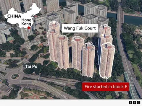 Map that labels China, Hong Kong and Tai Po's district where Wang Fuk Court is located