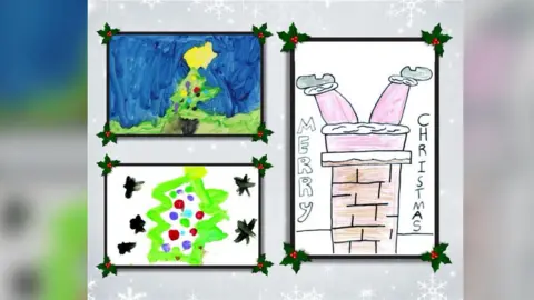 Three Christmas cards designed by children, the two on the left show Christmas trees, the one on the right has a chimney with Santa disappearing down it