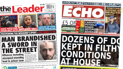Front pages of Flintshire Leader and South Wales Echo