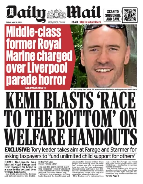 The headline on the front page of the Daily Mail reads: "Middle-class former Royal Marine charged over Liverpool parade horror" .