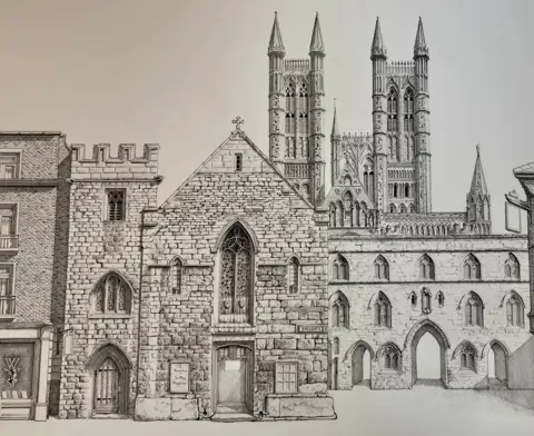 A wider photograph of the Cathedral part of the artwork, showing the Parish Church of St Mary Magdalene in the foreground to the left of the Cathedral