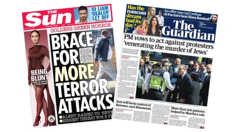The headline on the front page of the Guardian reads: “PM vows to act against protesters 'venerating the murder of Jews'”. The headline on the front page of the Mirror reads: “An attack on all of us”.