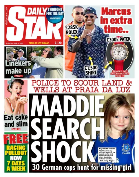 "Maddie search shock" reads the headline on the front page of the Daily Star.