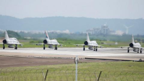 Taiwan Air Force Mirage 2000-5 aircrafts prepare to take off at Hsinchu Air Base in Hsinchu, Taiwan May 23, 2024.