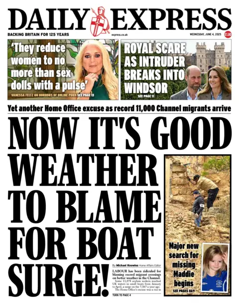 "Now it's good weather to blame for boat surge!" reads the headline on the front page of the Daily Express.