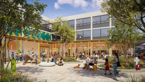 Manchester City Council CGI image of what it is hoped Wythenshawe Civic Centre will look like in future. The image shows shoppers, new paving and green spaces. 
