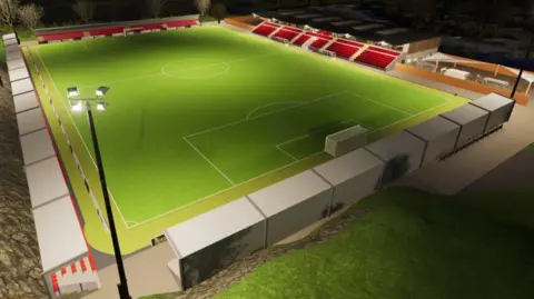 Whitehawk FC Una imagen generada por computadora de un campo de fútbol con una tribuna para los aficionados alrededor de cada uno de los lados del campo. La imagen está ambientada de noche con focos en cada esquina del campo iluminándolo.