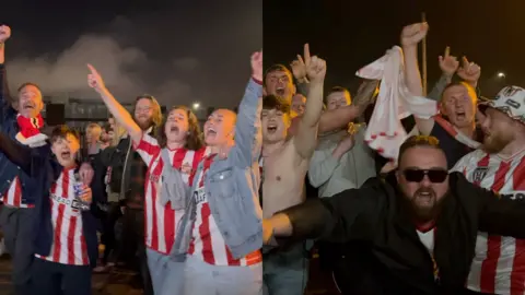 Sunderland AFC fans celebrate outside the Stadium of Light