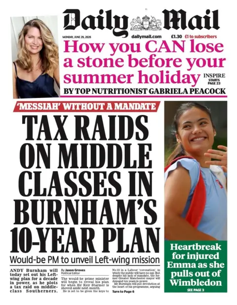 "Tax raids on middle classes in Burnham's 10-year plan" reads the headline on the front page of the Daily Mail. 