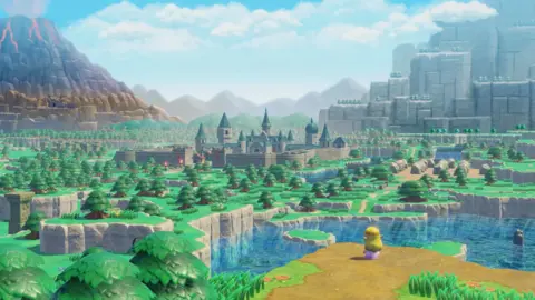 Nintendo A lone princess stands on a hill overlooking a green, cartoon landscape with a castle in the middle of it. A volcano looms on one side and a mountain looms opposite.