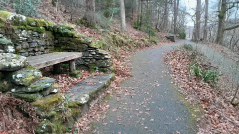 LDNPA A surfaced path runs through woodlands with a bench on the left hand side up a stone step. The path doubles back on itself and in the distance you can see a hill rising between the trees 