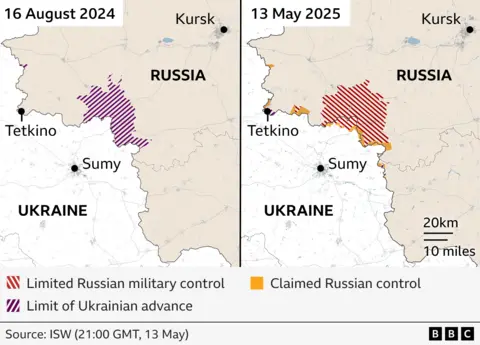 Two maps showing part of the region of Kursk which was mostly under Ukrainian control in August 2024 and in May 2025, mostly controlled by Russia again