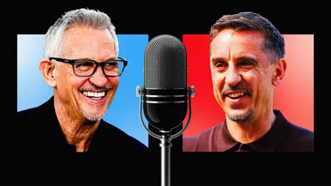 An image of Gary Lineker and Gary Neville talking into microphones