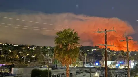 Charlotte Hawthorne A view of part of LA where homes and buildings can be seen. In the distance a large plume of smoke billows into the sky and it has an orange glow within it from the wildfires below.