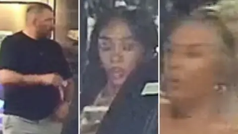 South Yorkshire Police CCTV screen grabs of a man in black tshirt, a black woman with long hair and a white woman with blonde hair 