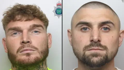 Two mug shots side by side. On the left is James Garlick, who has mousey brown hair, a beard, tattoos on his neck and a bright green top on. Shane Wintle is in the picture on the right. He has a shaved head, a beard and is wearing a white top.