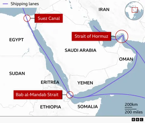 A regional map showing key Middle Eastern and East African shipping lanes. Thick purple lines trace major maritime routes passing through three highlighted chokepoints: the Suez Canal in Egypt, the Strait of Hormuz between Oman and Iran, and the Bab al‑Mandab Strait between Yemen, Eritrea, and Djibouti. Surrounding countries visible on the map include Saudi Arabia, Sudan, Ethiopia, Somalia, and others. A distance scale shows 200km/200 miles, and a small inset globe marks the region’s location. The map is labelled with “Shipping lanes”.