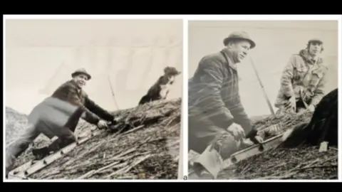 Robin Kurzaj Two old family photos side by side. On the left is Robin's father Joe on a roof ladder facing the camera and smiling with a thick coat and wide brimmed hat, to the right of him on the top of the roof is his dog Suzie. The next photo is similar with a young son Robin sat on the apex of the thatched roof.