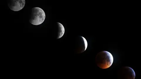 Leah Burgess An edited image using stills of the lunar eclipse in 2019, put together into one image to show the different stages. There are 6 pictures of the moon at varying stages against the black of the night's sky. 