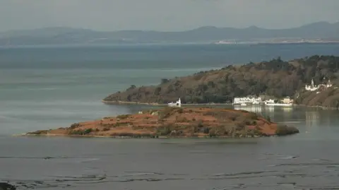 A small island made up or rocky and grassed areas is surrounded by sand and inlets of water at low tide, with the mainland seen behind.
