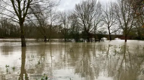 A large stretch of land covered by water, with flood waters very high on a bridge in the background 