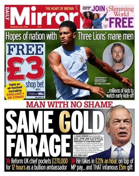 "Same gold Farage" reads the headline on the front page of the Daily Mirror.