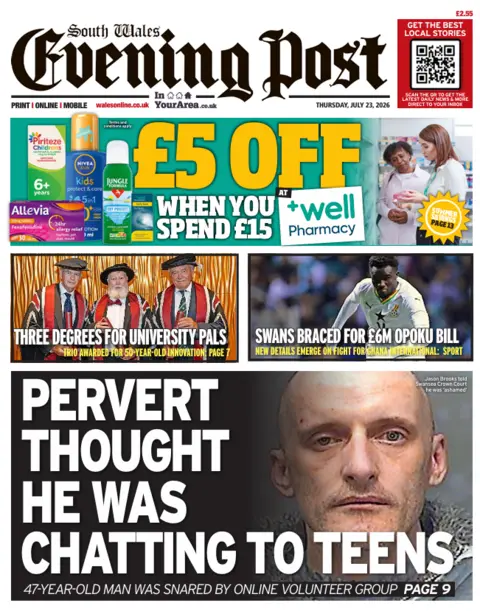 South Wales Evening Post South Wales Evening Post front page. The lead headline reads: Pervert thought he was chatting to teens. 47-year-old man was snared by online volunteer group. 