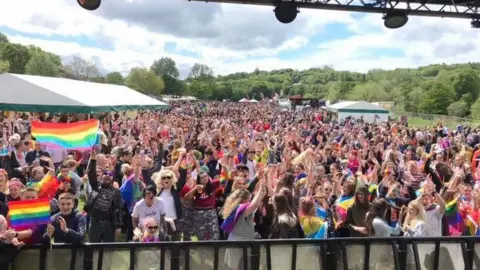 Durham Pride Pride crowds photographed from the event's stage. They are waving rainbow flags and have their hands up in the air.