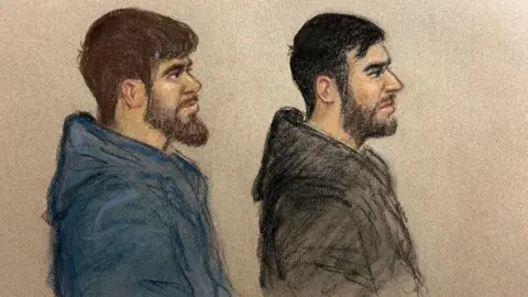 Julia Quenzler/BBC A court sketch of Alireza Farasati, 22, (left) and Nematollah Shahsavani, 40. Both are wearing hoodies and have beards and are facing looking to the right of the picture