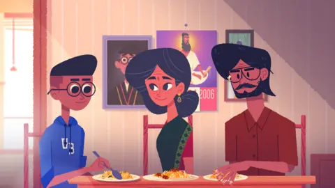 A cartoon image of a family sitting down to enjoy dinner together. To the left a teenage son in western dress holds a spoon and tucks into his meal. On the right his father appears to be using his hands to eat and in the center the boy's mother, dressed in traditional Indian garments, looks on lovingly at the boy.