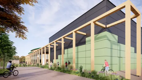 Forest of Dean Council Artist impression of  Five Acres' new sports hall, which is green and black and has people walking and cycling outside.