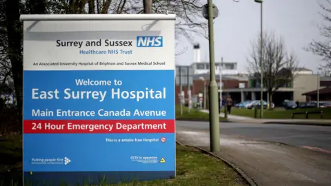 PA Media Sign at East Surrey Hospital in Redhill.