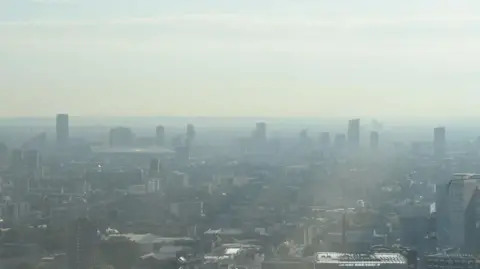 Aerial view of London showing very poor air quality