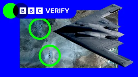 A composite image showing a B-2 bomber and satellite imagery of damage at Iran's Fordo nuclear site. 