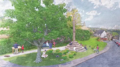 Kirklees Council A hand drawing of a small green verge with a stone cross on it. Children are playing and people are sitting on the grass with a town in the background.