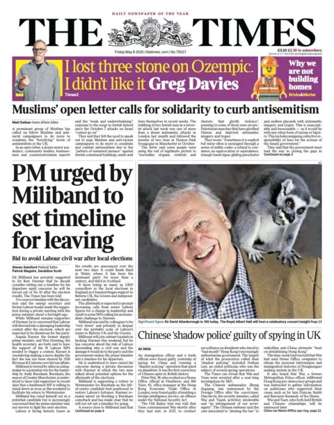 The headline on the front page of the Times reads: “PM urged by Miliband to set timeline for leaving”.