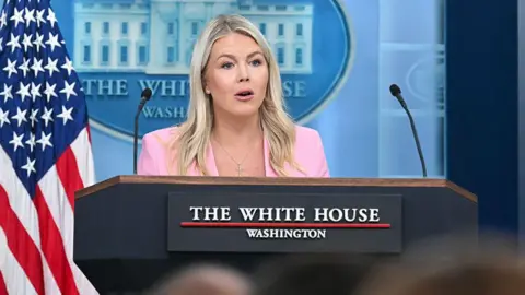 Karoline Leavitt in a pink suit speak into mic at the White House briefing room.