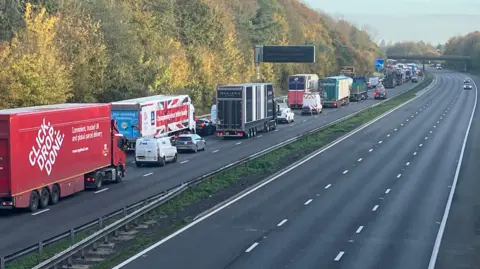 Lines of traffic during the closure on the M5. One stretch of the carriageway has no traffic.