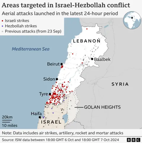 A map showing aerial attacks launched on Lebanon and Israeli between 18:00 GMT on 2 October and 18:00 GMT on 3 October. Most of the Israeli strikes have been on locations in southern Lebanon, while Hezbollah attacks have mostly been on northern Israel. 