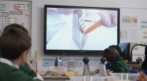 Leiths Education A large TV monitor is on a wall in front of a group of primary aged school children. They're watching someone grate a carrot on a traditional four sided steel grater. Graters, plastic bowls and various vegetables in another bowl are in front of them on their own school desks. 