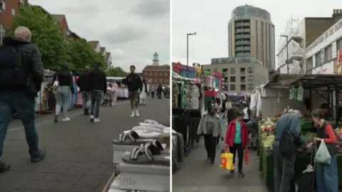 BBC Two side-by-side photographs showing busy outdoor markets. The left side shows people walking through Romford Market past stalls selling footwear. The right side depicts Dalston Kingsland Market with fresh produce stalls and a modern high-rise building in the background.