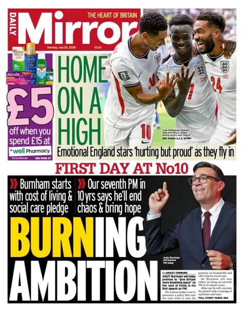 The headline on the front page of the Mirror reads: “Burning ambition”.